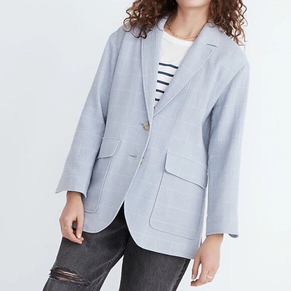 Madewell Sky Blue Window Pane Linen Cotton Blend Relaxed Larsen Blazer SIZE XL - Picture 1 of 11